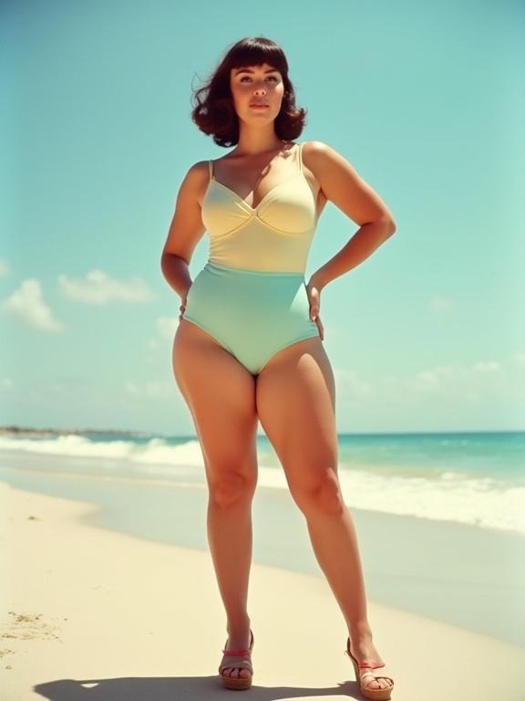 Pinup model stands on beach wearing pastel swimsuit. Young woman poses confidently with wide hips. Vintage style with wedges and blunt bangs. Sunny atmosphere.