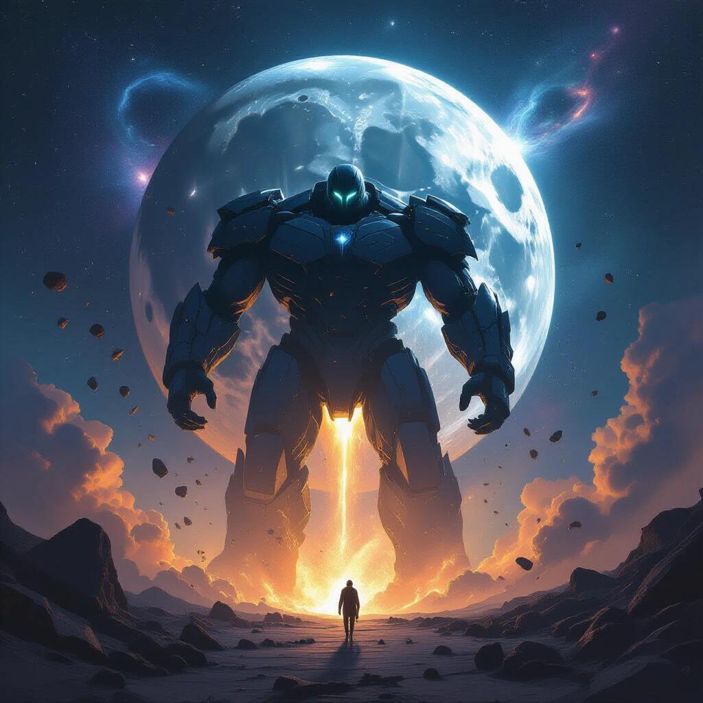 A massive celestial titan emerges from a shattered moon. Cosmic debris floats in space. Stars glimmer behind. Ethereal glow radiates from its body. Galaxies coil like armor. Dynamic scale and movement evident. The image utilizes painterly cosmic tones. It is styled like works of John Harris and Alex Ries. An epic science fantasy scene unfolds in an ultra-wide frame with awe-inspiring composition.
