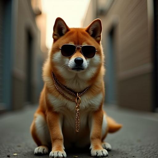 Shiba Inu dog sits in an alleyway. Gold chain around neck. Dog wears mobster style sunglasses. Dog looks tough. Urban surroundings create a unique atmosphere.