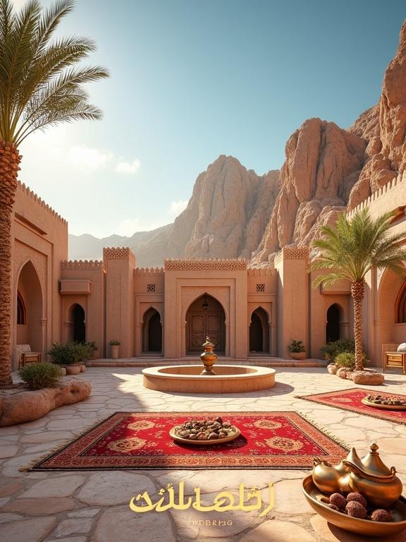 Scene of a beautifully composed Eid al-Adha greeting card in Najran. No people no animals. Traditional Najrani stone seating area with red gold Arabic carpets. Surrounded by brass coffee pots and decorative trays of dates. Iconic Najrani mud-brick architecture with heritage tower motifs. Warm sunlight bathes the scene. Palm trees sway gently nearby. Majestic rocky mountains rise in the distance. Arabic calligraphy reads Eid Mubarak in golden script. Clear blue sky with glowing clouds. Peaceful festive atmosphere ideal for a greeting card.