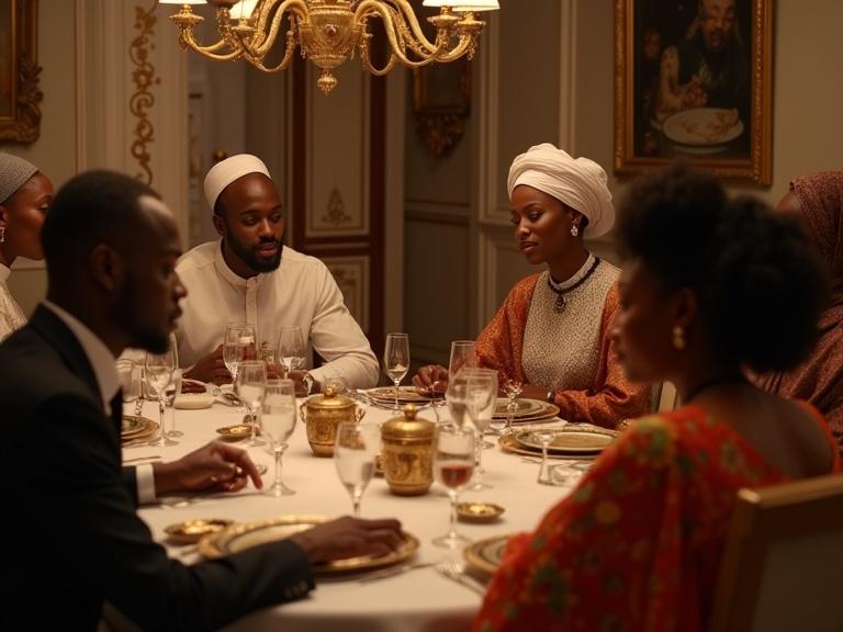 Image of an African Muslim family gathered around a luxurious dining table. A woman wearing Ankara fabric looks shocked. The scene captures warmth and cultural traditions.