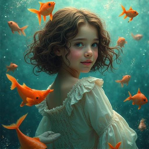 A girl with curly hair in a flowing white dress surrounded by goldfish in an underwater scene. The water is shimmering and there is a sense of magic around her. The girl's expression is curious and playful.