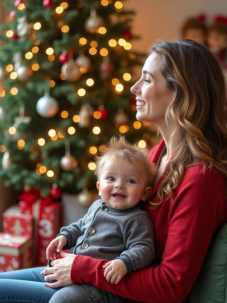 Christmas moment shared between a mother and child. Festive background with a beautifully decorated Christmas tree. Warm indoor setting filled with holiday cheer. Cozy and intimate atmosphere capturing family love.