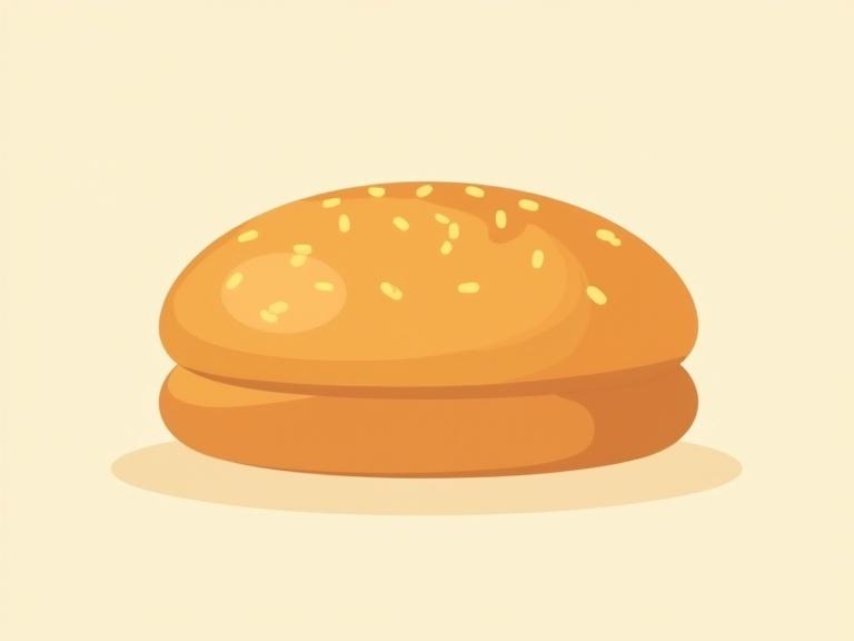 Flat cartoon-style vector illustration of a hamburger bun. Clean geometric shapes. Soft rounded edges. Solid light sienna background. Plain ingredient only. Only buns.