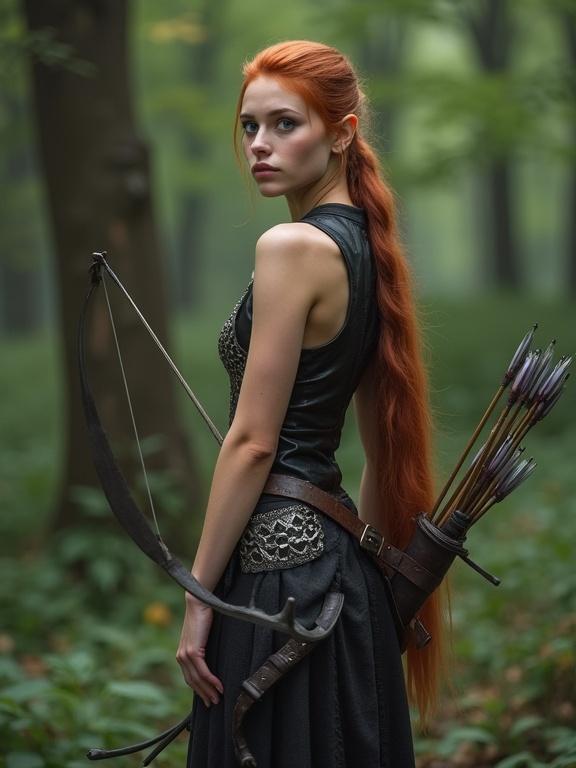 Photorealistic image of a young elf woman in a forest. She has long auburn hair in a ponytail and vibrant blue eyes. Athletic build and focused expression. Wearing sleeveless black leather leotard and silver chainmail vest. Holding a bow and arrows. Quiver on her back. Full body shot zoomed out.