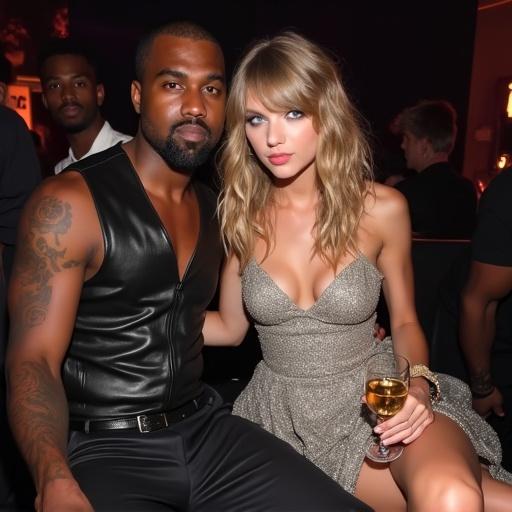 Nightclub scene with two celebrities. A young blonde woman in a sparkly silver dress with cowboy boots. An older man in a black leather vest sits close to her. The woman holds a champagne glass.