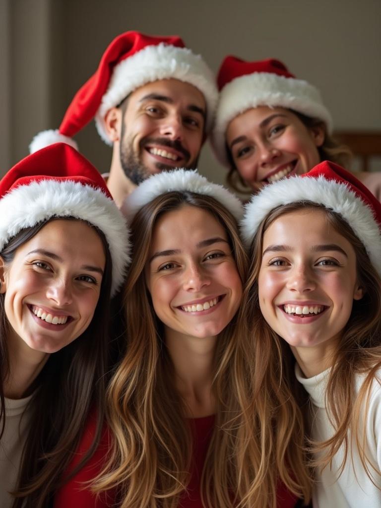 Photo captures joyful group during holiday season. Five individuals wearing Santa hats are smiling widely. Warm lighting creates inviting atmosphere. Background is neutral and emphasizes joyful expressions.