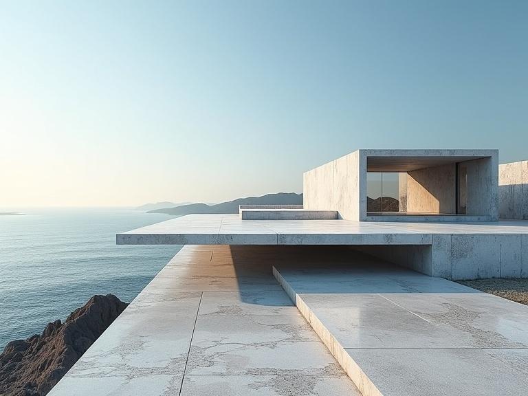Granite slabs in flat and horizontal arrangement showcase abstract architecture. Ocean forms the backdrop against a sunny sky. The structure appears abandoned yet modern.