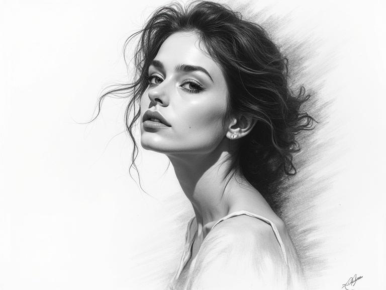 Graphite sketch in black and white depicting a woman with a profile view and soft shadows.