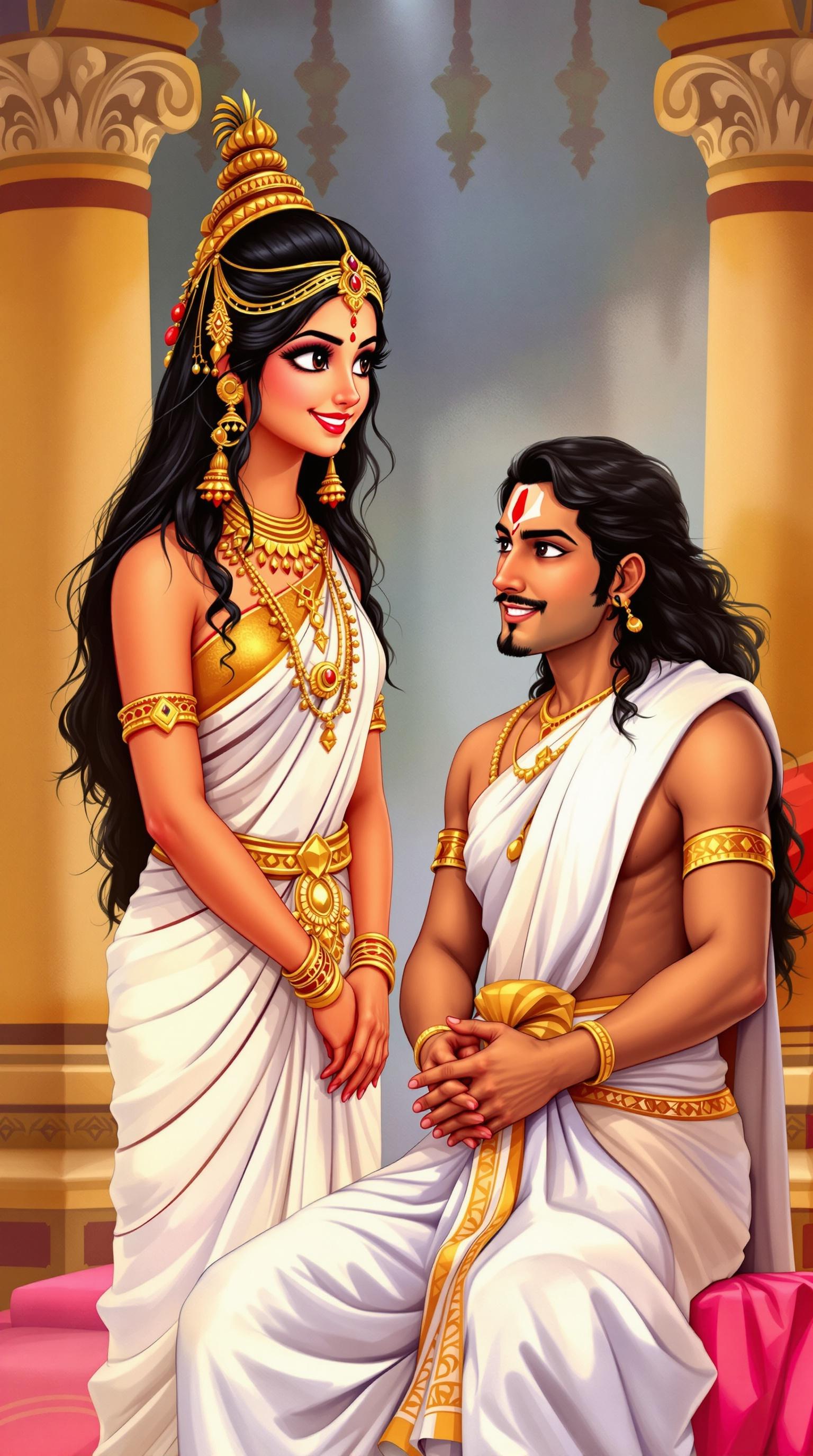 Urvashi stands before Arjuna in a beautifully illustrated scene from Indian mythology. Her long black hair flows elegantly over her shoulders, framing her face. She gazes lovingly at Arjuna, whose expression conveys a gentle smile and restraint. Urvashi wears a stunning white saree, richly adorned with golden jewelry that captures the light. Arjuna sits respectfully, his hands folded in front of him, radiating calmness. The background features subtle architectural elements, enhancing the cultural context of the image.