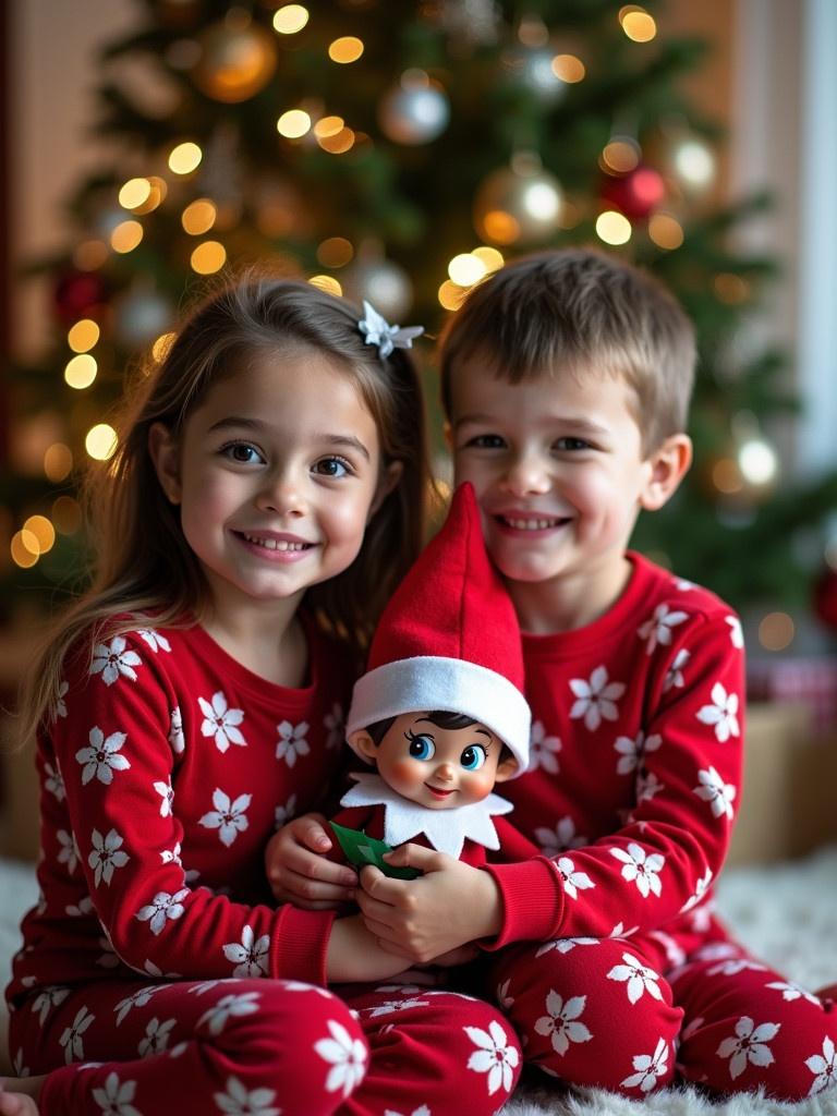 Children celebrate the holiday season in Christmas pajamas by a decorated tree. They hold a scout elf toy with warm lights in the background. Charming and joyful atmosphere.