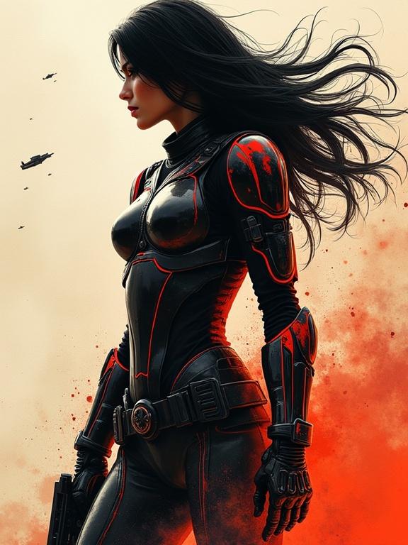 Closeup portrait of a female bounty hunter. Character has flowing black hair and wears reflective black and neon red armor. A rifle is strapped to her back, and a pistol is holstered. She holds her hand up against an abstract background depicting a harsh desert world, with spaceships flying overhead and a dust storm.