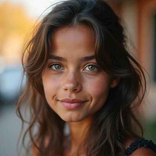 A candid close-up of a female subject with flowing hair in soft natural light. Background features blurred colorful elements to enhance focus on the subject. A warm and inviting atmosphere emanates from the image.