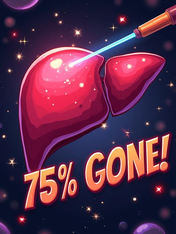 A cartoonish liver with 75% missing. Surrounded by sparkles. A futuristic surgical laser beam cutting through. The text '75% GONE!' in bold red. Sci-fi comic style. Bright and colorful.