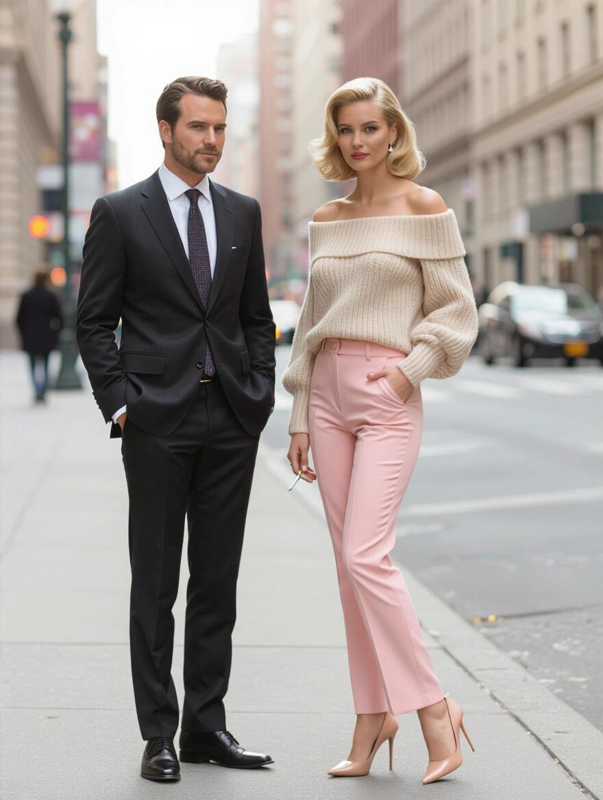 Fashionable couple standing on a sidewalk. Man in a suit next to a woman. Woman wearing an oversized off the shoulder sweater and pale pink pants. Holding a cigarette. Soft natural lighting enhances the scene. Side view with a cinematic feel.