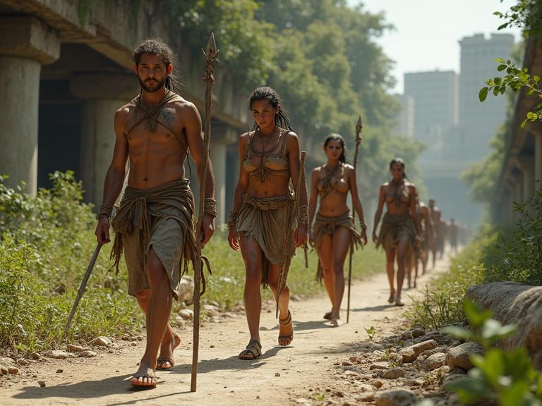 Full-body scene depicting a tribal hunting group evolved from a post-collapse urban civilization. They exhibit agile physique and mixed urban ancestry with unique tribal tattoos. Dressed in handmade clothing from natural materials, they carry primitive weapons while navigating through overgrown city ruins. The soft natural lighting emphasizes the earthy color palette and realistic detail in skin texture.