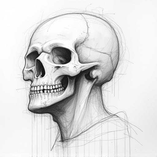 Extremely rough sketch showing an outline of a head with no facial details. Basic form and structure visible. Incomplete detail emphasizes roughness and preliminary design.