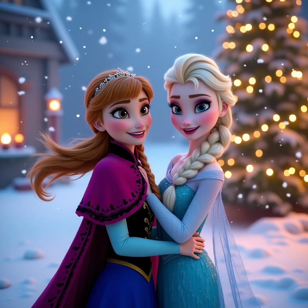 Image of Anna and Elsa from Frozen celebrating Christmas in a snowy environment. Christmas tree in the background. Soft snowflakes falling.