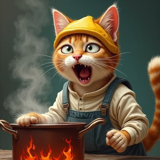 A semi-realistic cat in work gear with a shocked and pained expression. The cat appears dripped wet from a pot of hot liquid, with its tail frizzed and bandages on its paw. A pot is in the background with steam rising, representing an exaggerated comical burn injury.