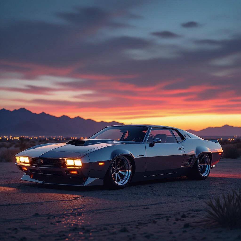 A parked futuristic low rider car with angular features. The car has a dual tone color scheme. It sits in an epic landscape under a vibrant sunset. Dark gangster vibes are present in the scene.