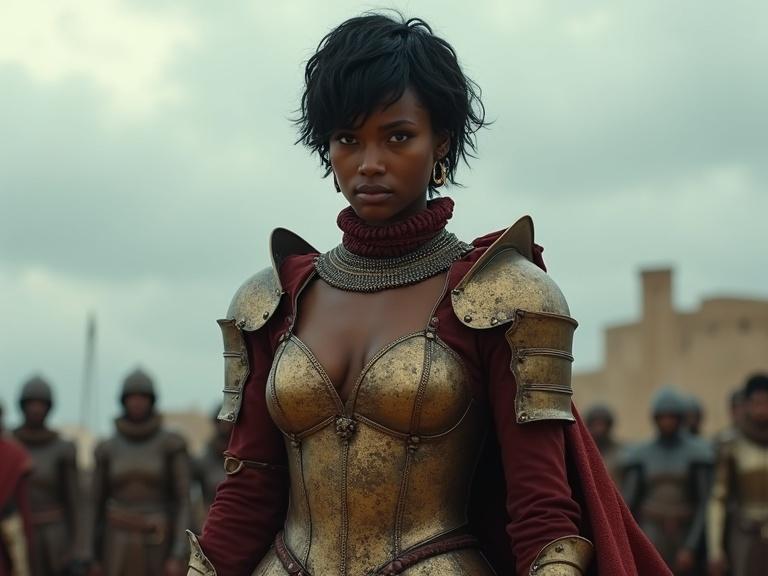 Hyper-realistic image of a dark-skinned North African female warrior inspired by Casca from Berserk. Wearing revealing medieval armor made of worn bronze and leather. Features short tousled black hair and fierce eyes. Standing in a dramatic battlefield with a cloudy sky. Holding a sword and wearing a warrior skirt.