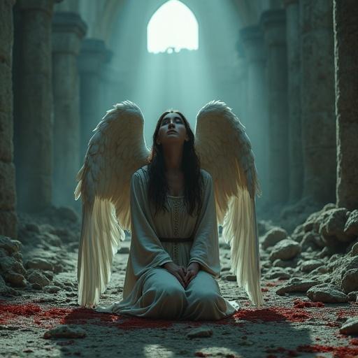 A fallen angel kneels in ruins of a temple. Wings are missing with blood stains left. Eyes gaze sorrowfully up to the sky. Dark mysterious atmosphere with ethereal light filtering. Hyper-realistic textures and details are present. Clothing is medieval inspired. Color palette is moody. Emotional expression is evident. 4K resolution and photorealistic style is high quality.