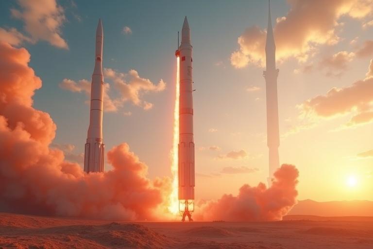 A 3D scene of Agni and Prithvi missiles in a sunlit desert. Missiles are launching with fiery trails. Ultra-HD 4K visual shows bold colors in the sky.
