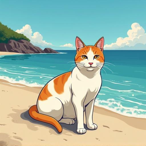 Cat sitting on a beach. Art in Studio Ghibli style. Calm sea and sandy shore in the background. Playful and serene atmosphere.