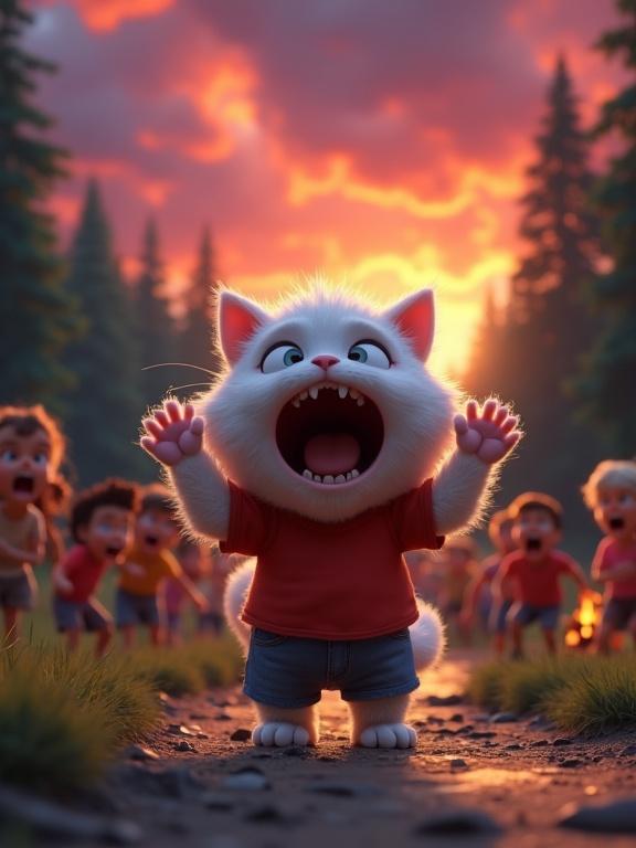 A fluffy cat stands in the center of a dirt path. The cat has a terrifying expression, mouth wide open in a scream. It wears a red t-shirt and blue jeans. Behind the cat, diverse kids are screaming in fear. They stand near a stream with a campfire burning. The sky is filled with red and purple clouds, suggesting danger. The scene conveys panic and chaos.