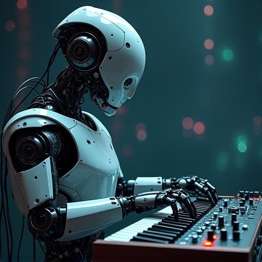 Image for CD cover featuring an industrial robot playing a synthesizer. The overall look is cool and dark.