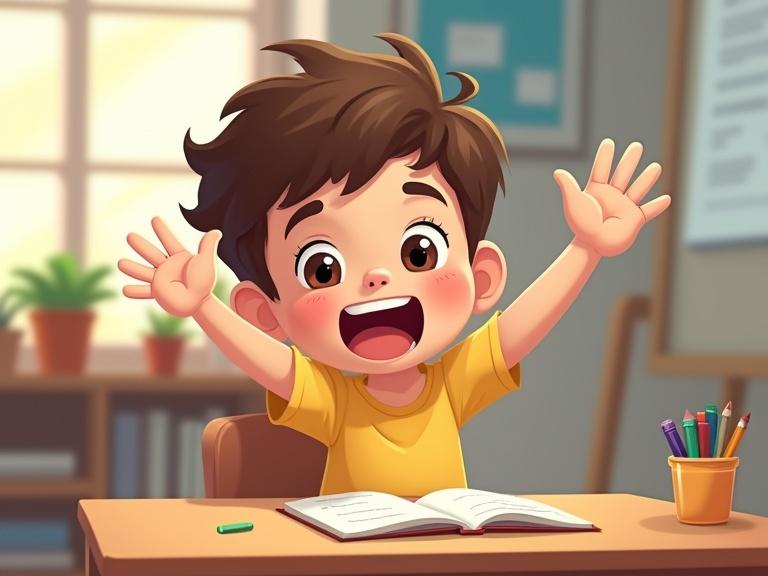 Excited child about five years old waving in a study room. Cartoon style. The child has a cheerful expression. Hands are raised enthusiastically. Bright colors and a warm atmosphere.