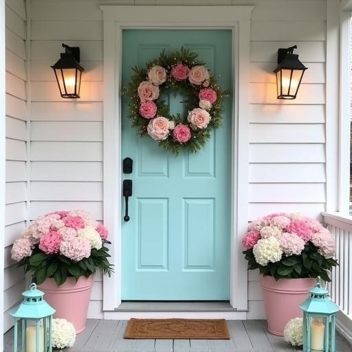 White front porch features a light aqua door with a floral wreath. A wreath has light pink roses and white hydrangeas. Flower pots hold pink roses and white hydrangeas. Light aqua lanterns are beside each pot. There are twinkle lights on the wreath. Indoor lights add warmth to the scene.