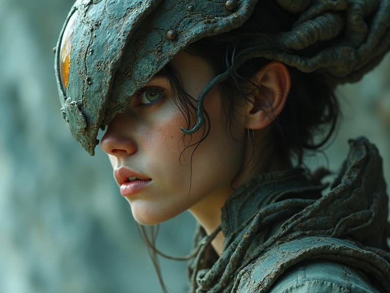 A young woman with a textured helmet in a fantastical setting. Strange visual elements blend sci-fi and dreamlike aesthetics. Her expression shows a mix of disappointment and astonishment.