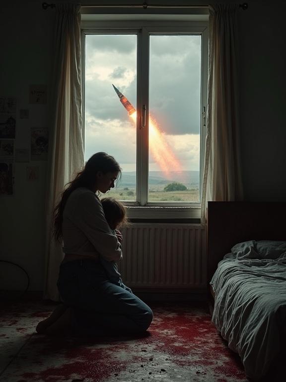 Mother and child kneel in a dark bedroom holding each other. Outside the window, a war-torn landscape filled with blood is visible. A nuclear missile descends ominously in the sky.