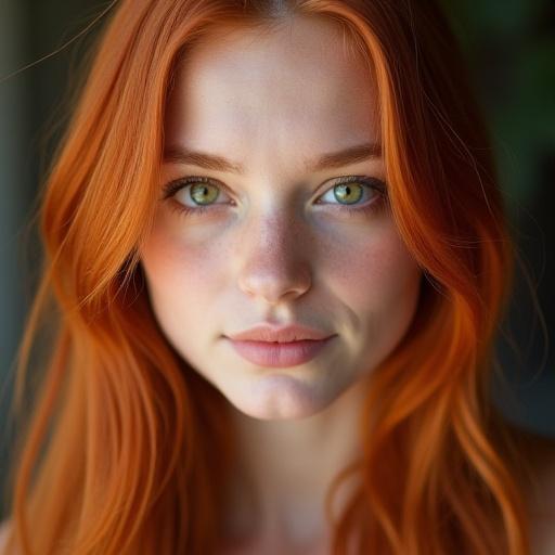 Pretty redheaded woman with long straight hair and green eyes. Close-up portrait. Natural light illuminating face.
