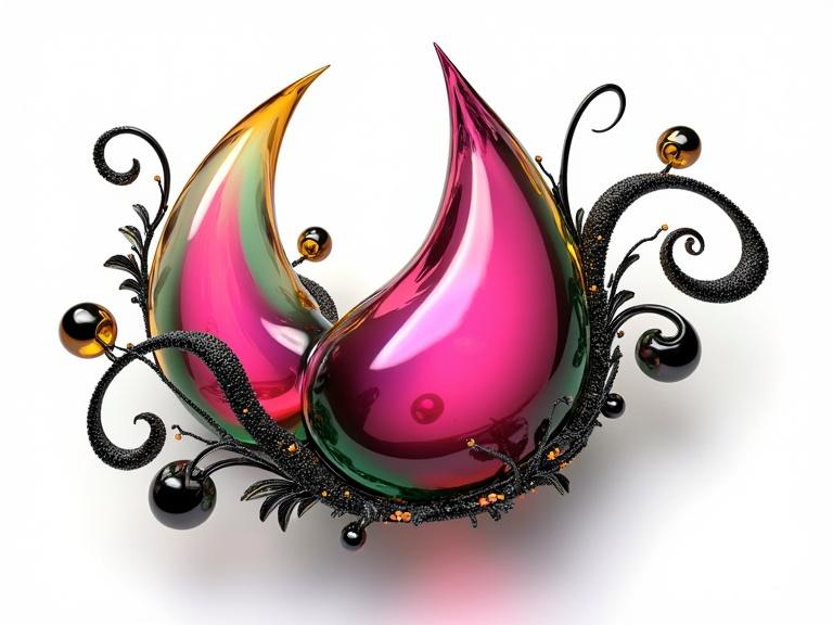 A glossy, translucent abstract digital artwork features swirling forms. They are bulbous and organic, using bright pink, green, yellow, and black colors. The central element is a pink teardrop transitioning to green at the base. Smaller bulbs show similar colors, with darker swirling patterns. Smooth, glass-like forms intertwine with dark, textured metallic tendrils. The filigree structures have swirling patterns with bead-like details and larger leaf-like designs in glossy black with yellow highlights. The image has bright lighting and a white background, focusing on sharp details and polished aesthetics.