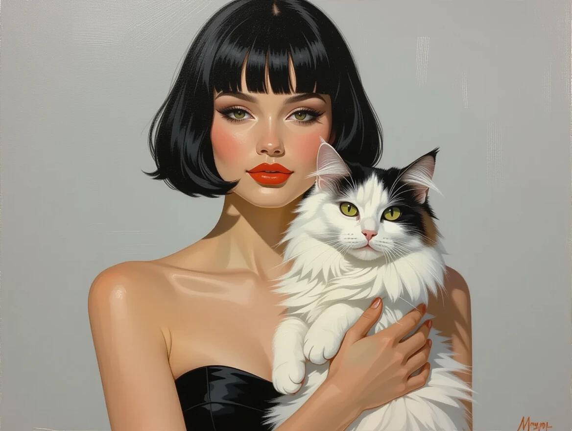 Oil painting showcasing a female figure in a black dress holding a white fluffy cat. The woman has a short bob haircut and muted orange lips. The background is grey, enhancing the portrait's elegance.
