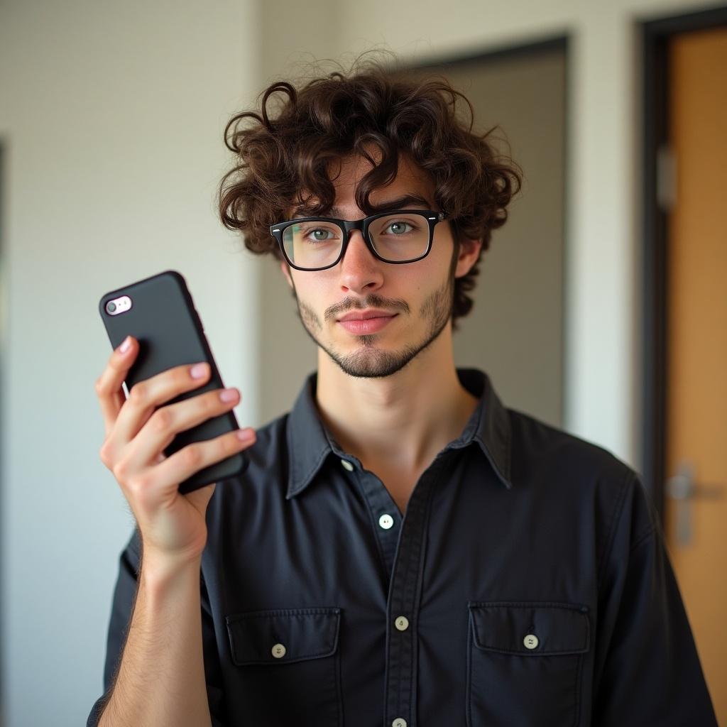 Young man with curly, messy hair holding a smartphone. He is giving a side pose while wearing square cat-eyed glasses. Dressed in a button-up shirt, conveying a casual yet stylish appearance.