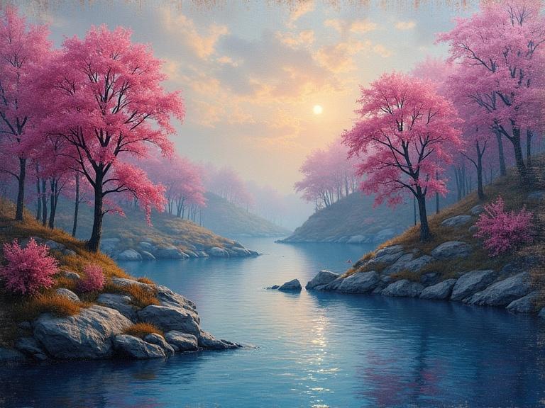 A serene landscape featuring cherry blossom trees beside a calm river. The scene showcases soft colors reflecting in the water, creating a dreamlike ambiance. Trees are in bloom, adding a whimsical touch to the peaceful setting.