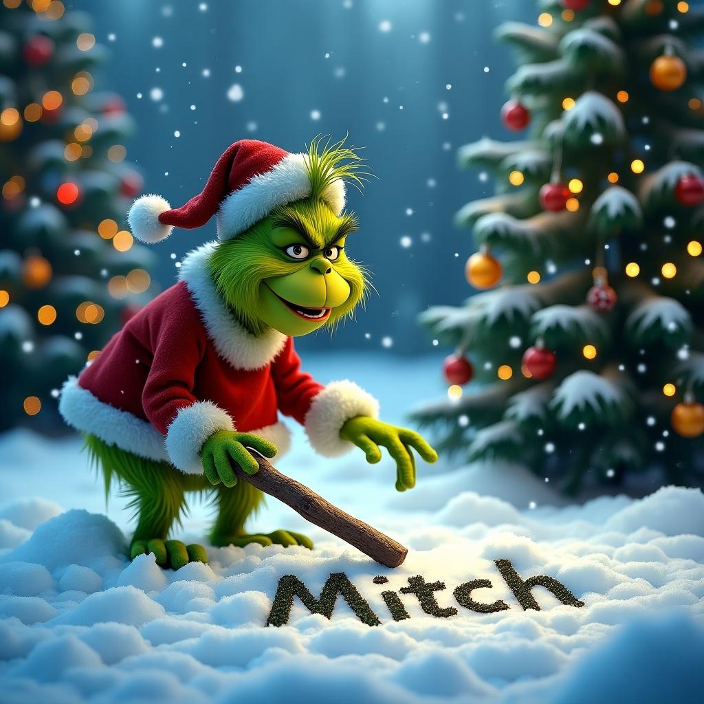 The Grinch is outside in the snow. Christmas trees surround him. The Grinch is writing the name Mitch in the snow.