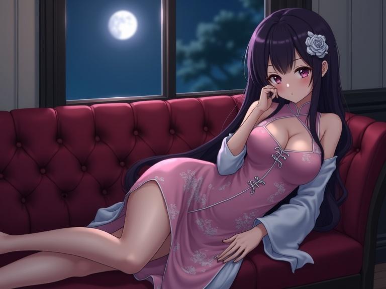 Anime woman lies on dark red tufted sofa in cafe. Long dark purple hair flows elegantly. She wears a pink cheongsam with white flowers. Moonlight shines through window illuminating her. Scene has soft warm lighting and detailed textures.