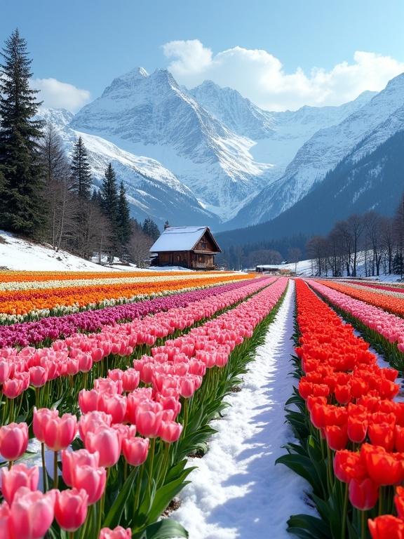 A vibrant tulip field with colorful rows of tulips against snow-covered mountains. The flowers create curves in the snow. Evergreen trees and a cottage are present. The sky is clear.