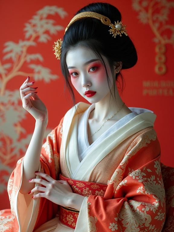 Full body portrait of a geisha in a brightly colored kimono with makeup in a modern studio.