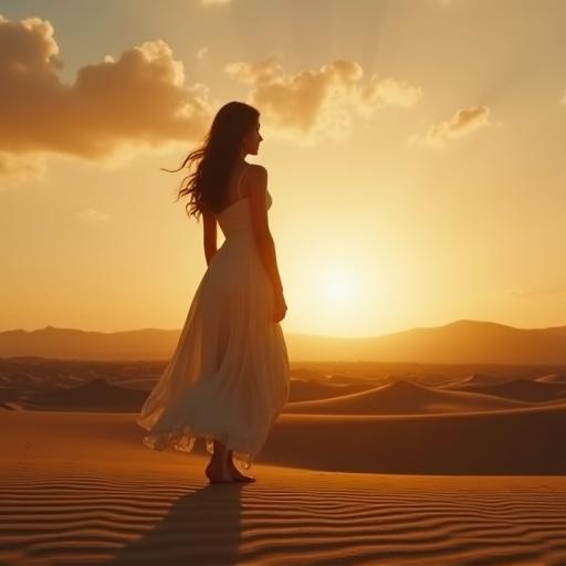 Mulher sozinha no deserto, luz do pôr do sol dourada, expressão de choro e esperança, estilo realista, qualidade cinematográfica, céu dramático com nuvens suaves.