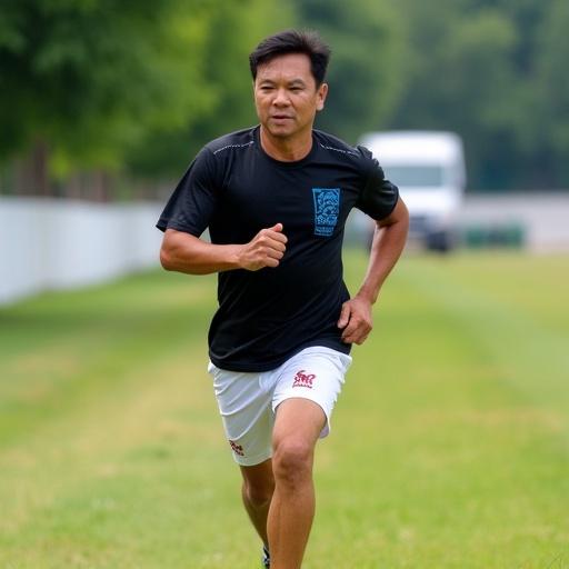 Middle-aged Asian man running on grassland. He wears a black T-shirt and white sports shorts. Expression shows determination. Background has trees, a fence, and a vehicle.