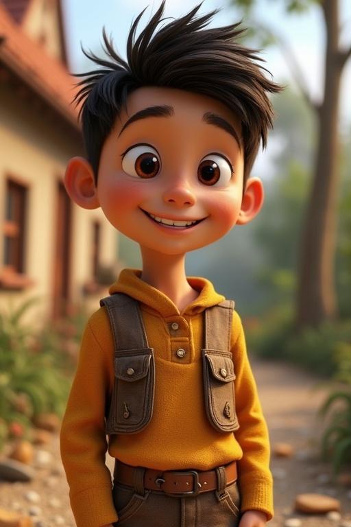 A young village man designed in Pixar animation style. He has a cheerful expression and is wearing a yellow hoodie with pockets. Background features a country house and greenery surrounding a pathway.