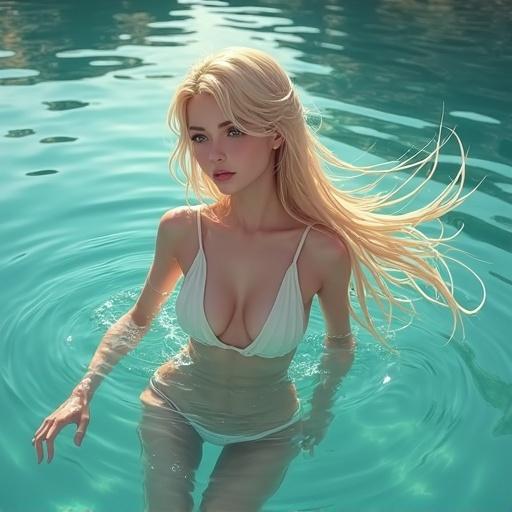 Anime blonde young woman swimming in a pristine lake. Ultra realistic style with soft light reflecting on water surface.