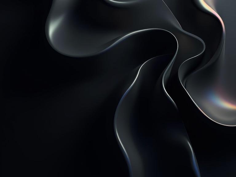 Abstract background features dark shades and geometric patterns. Fluid shapes create a sense of movement. Black and subtle iridescent highlights evoke aurora borealis effects. Clean and minimal design gives a futuristic feel. Square format oriented horizontally. High resolution suitable for desktop wallpaper.