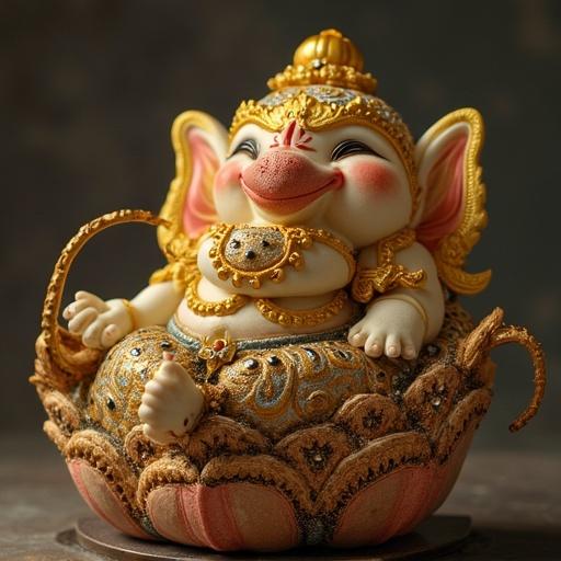 A stunning idol of Ganesha sitting on an ornate lotus. The idol shows intricate designs and beautiful embellishments. The expression is joyful with eyes closed and a happy smile.