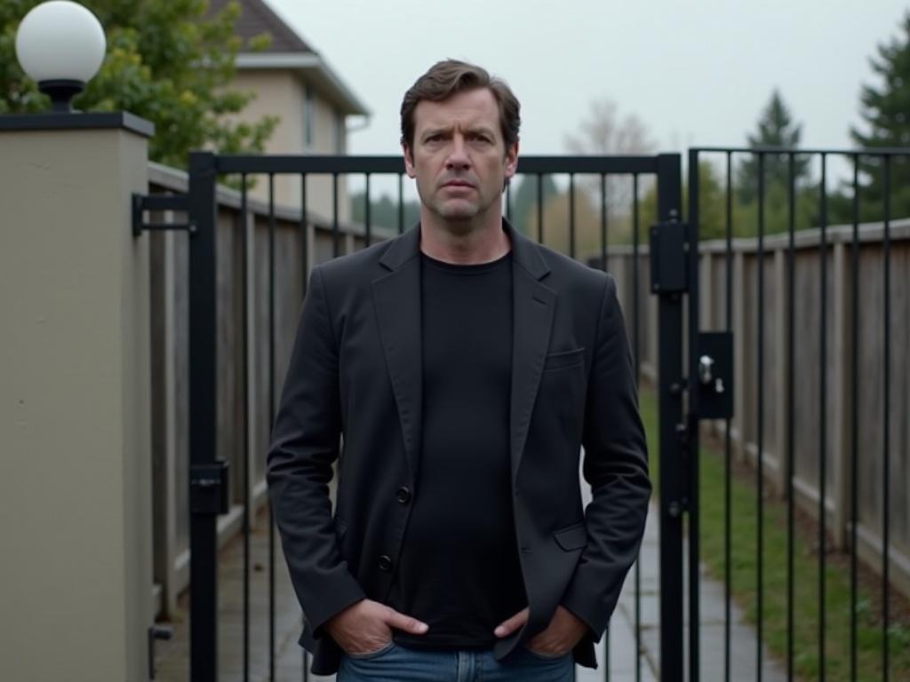 The image shows a man standing casually outside a gate. He appears to be wearing a dark blazer over a black shirt and jeans. The weather looks cloudy, possibly rainy, as the ground appears wet. The setting has a simple and residential feel, with a wall and a gate in the background. A round lamp is seen on the left side of the image. The man has a serious expression, with his hands in his pockets. The overall tone of the image is somewhat somber.